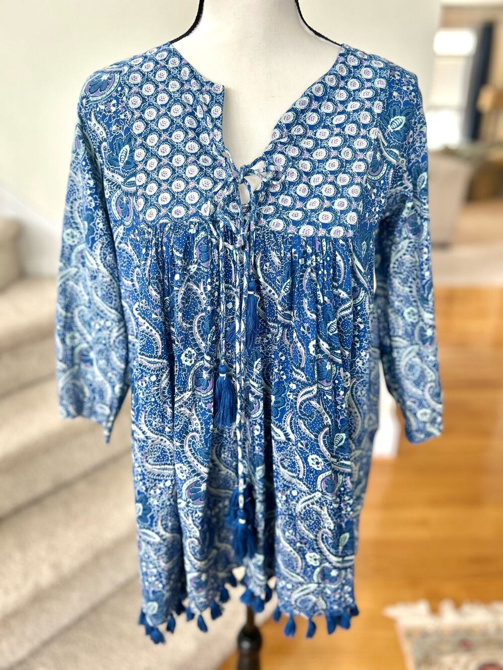 Ro's Garden Seychelles Blue & White Paisley Block Print Tassel Short Tunic